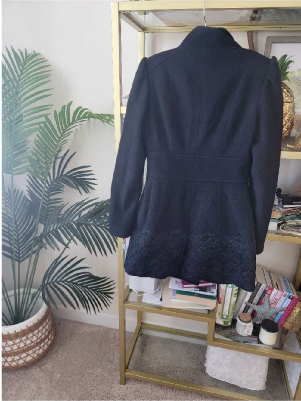 BEBE Black Wool Blend Military Coat w/ Lace Hem & Ruffle Trim - Picture 7 of 7